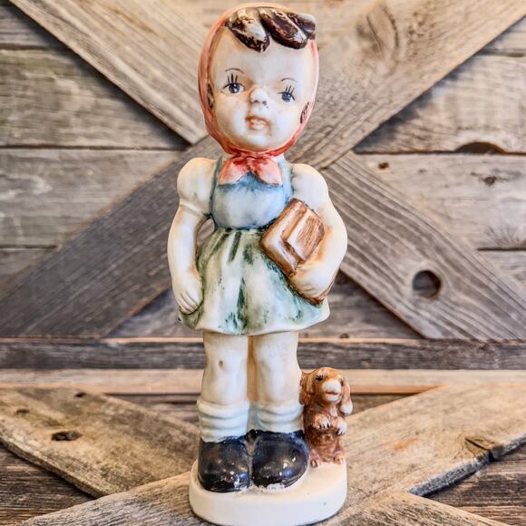 Vintage German Girl Ceramic Figurine w/ Book, Backpack and Little Puppy, 8” Tall - Picture 7 of 9